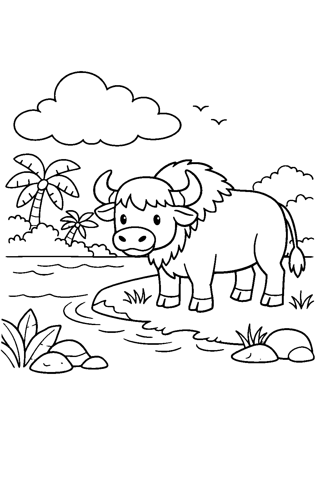buffalo drawing on a jungle riverbank line art