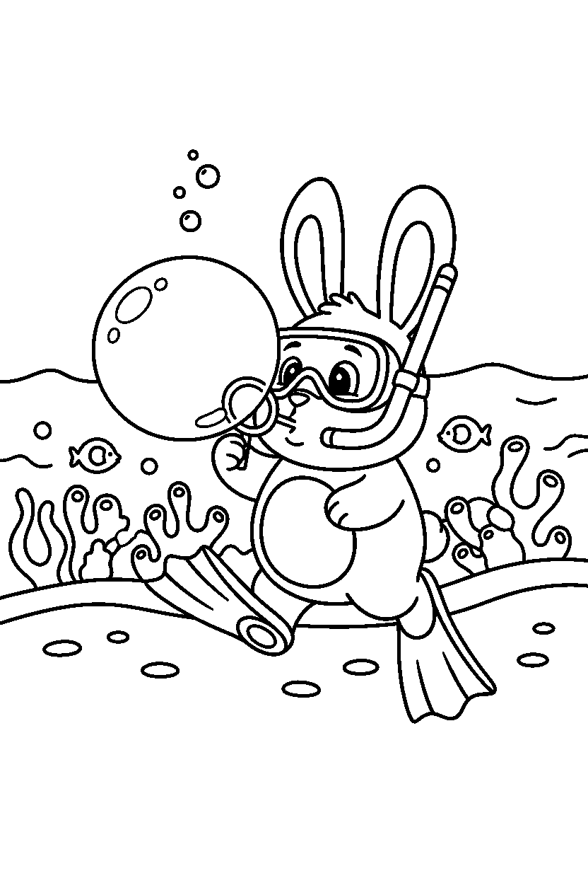 bunny blowing a bubble in the ocean line art