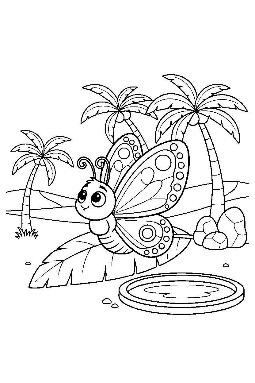 butterfly looking around curiously in an oasis line art