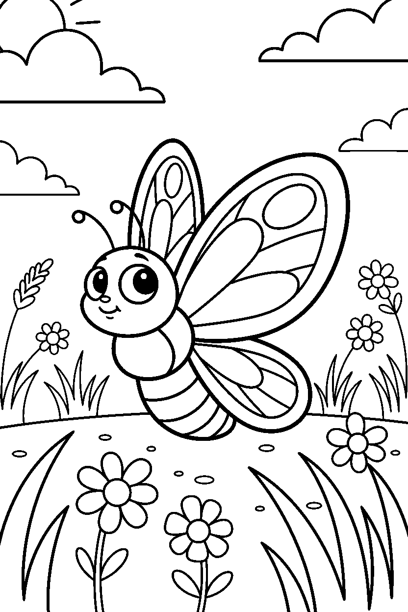 butterfly looking around curiously in an open field line art