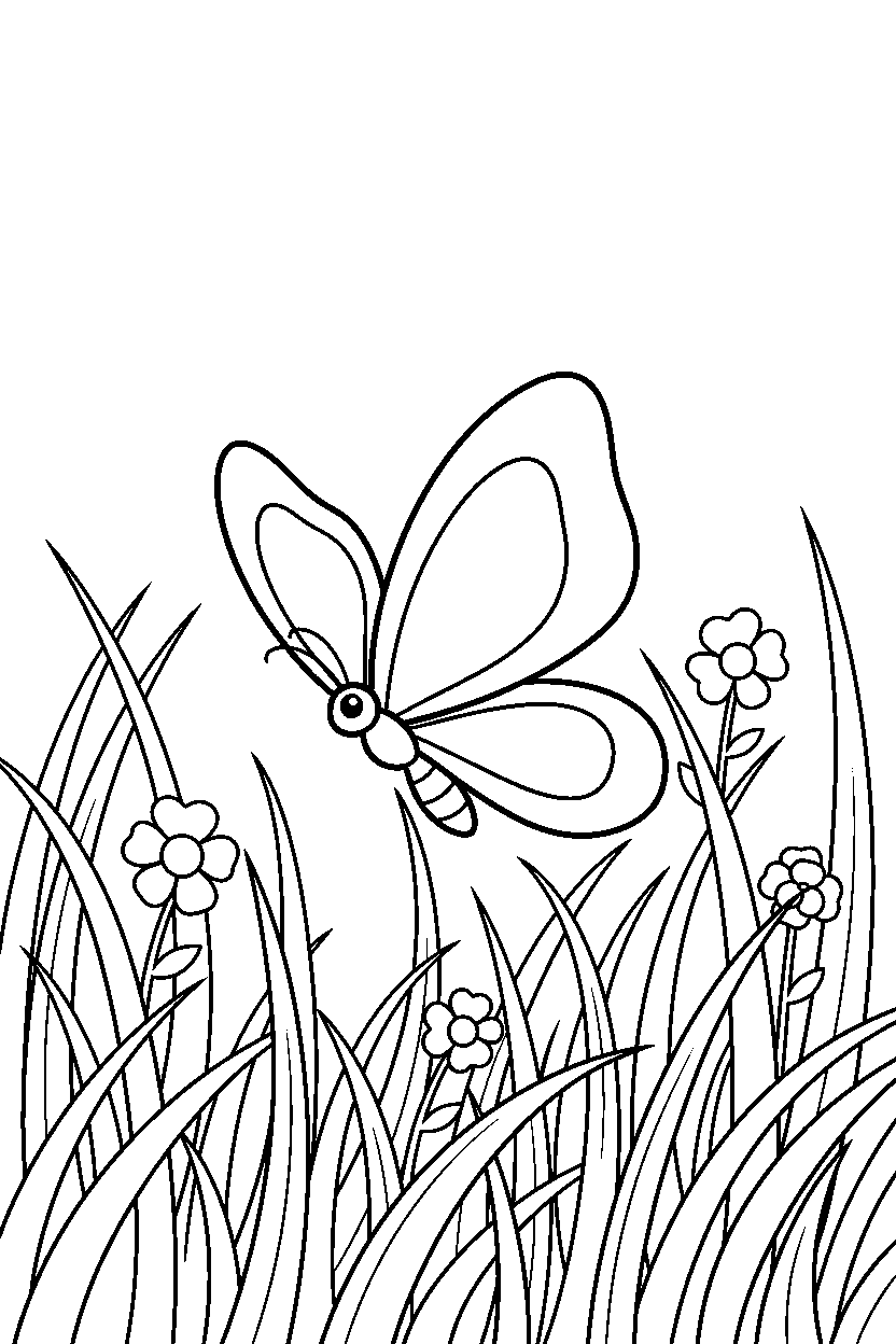 butterfly playing gently in tall grass line art