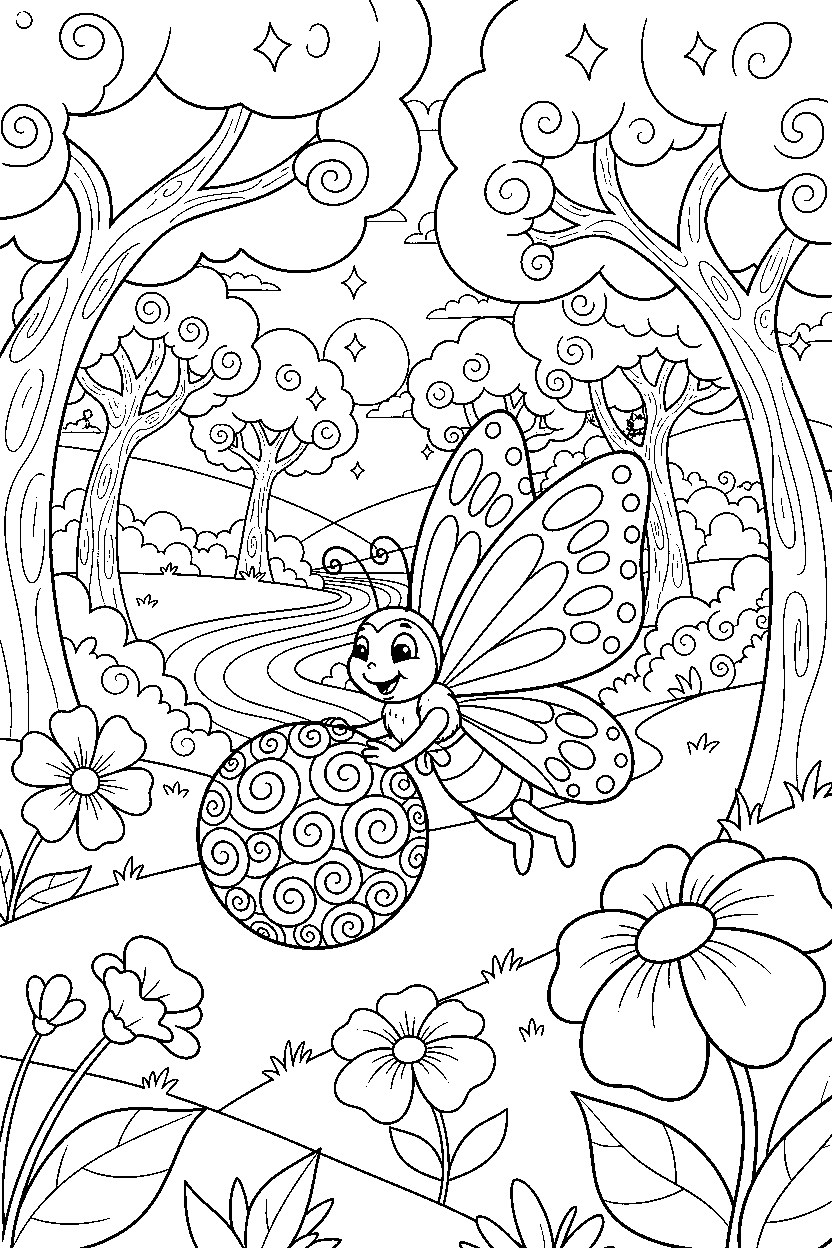 butterfly rolling a ball in a magical forest line art