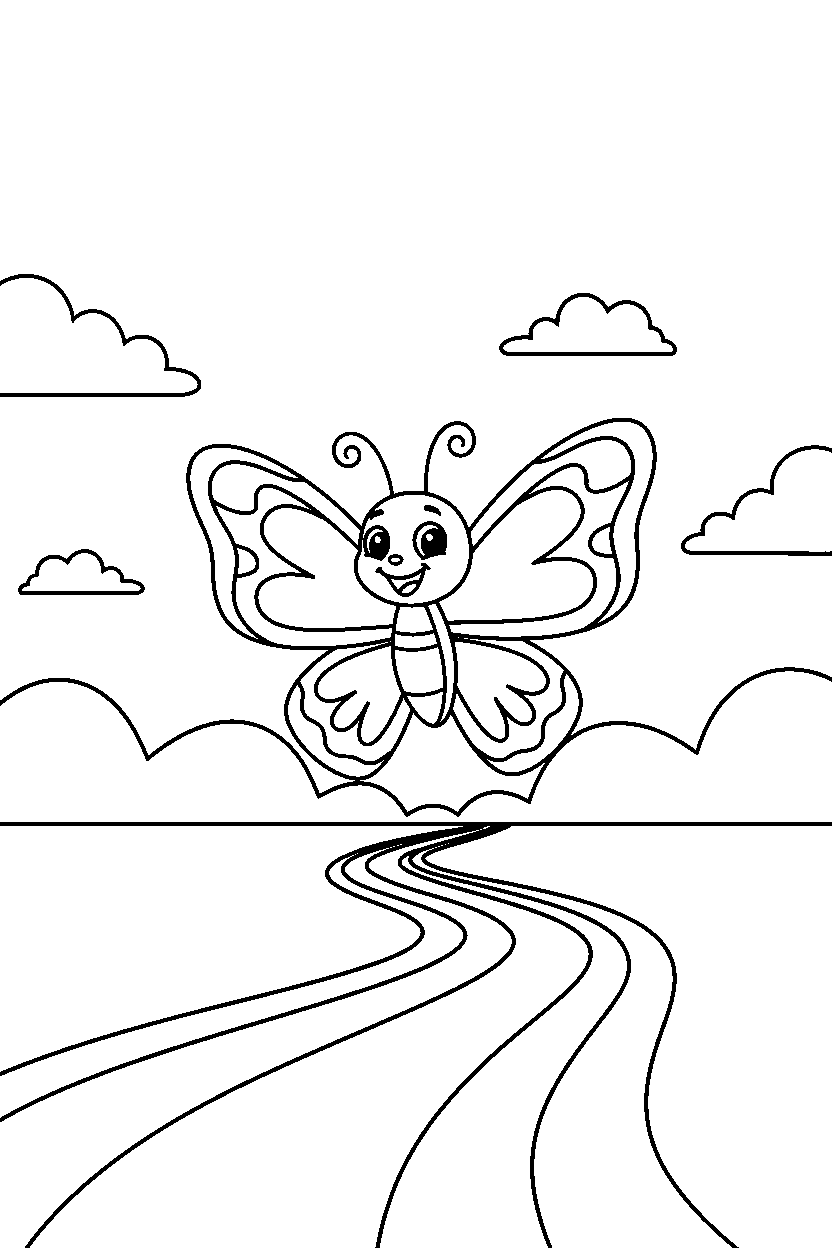 butterfly smiling happily on a dirt path line art