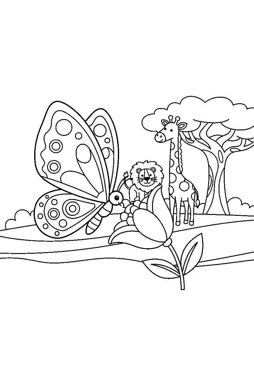 butterfly sniffing curiously in a safari park line art