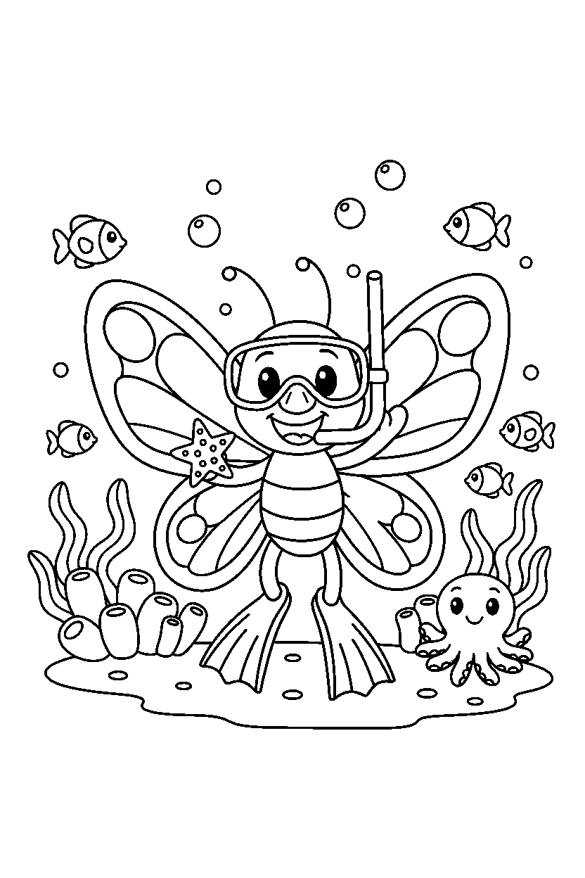 butterfly standing happily under the sea line art