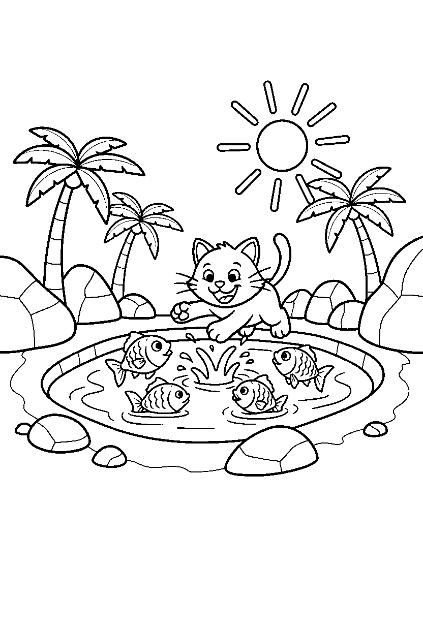 cat catching fish in an oasis line art