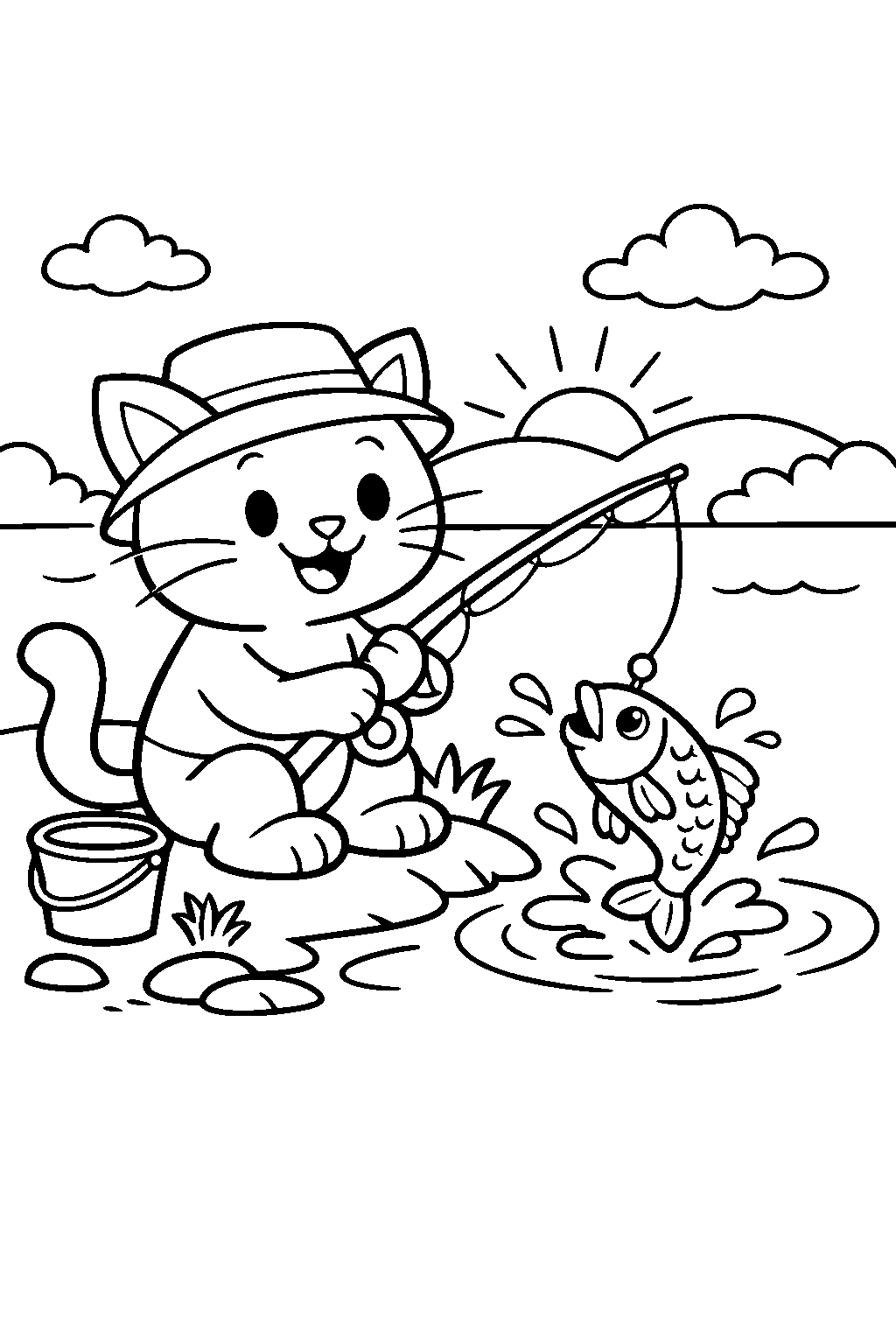 cat catching fish on a lake shore line art
