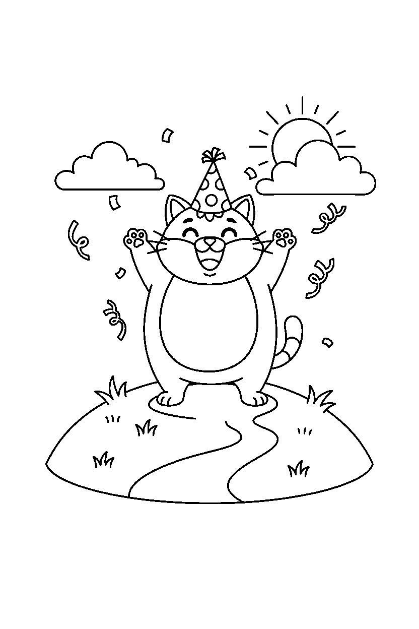 cat celebrating happily on a grassy hill line art