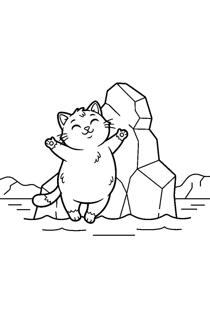 cat hugging happily near an iceberg line art