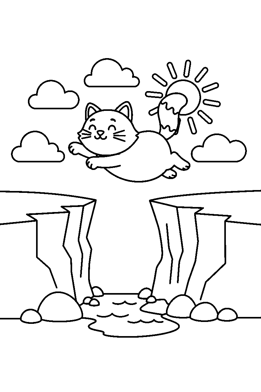 cat jumping in ravine line art