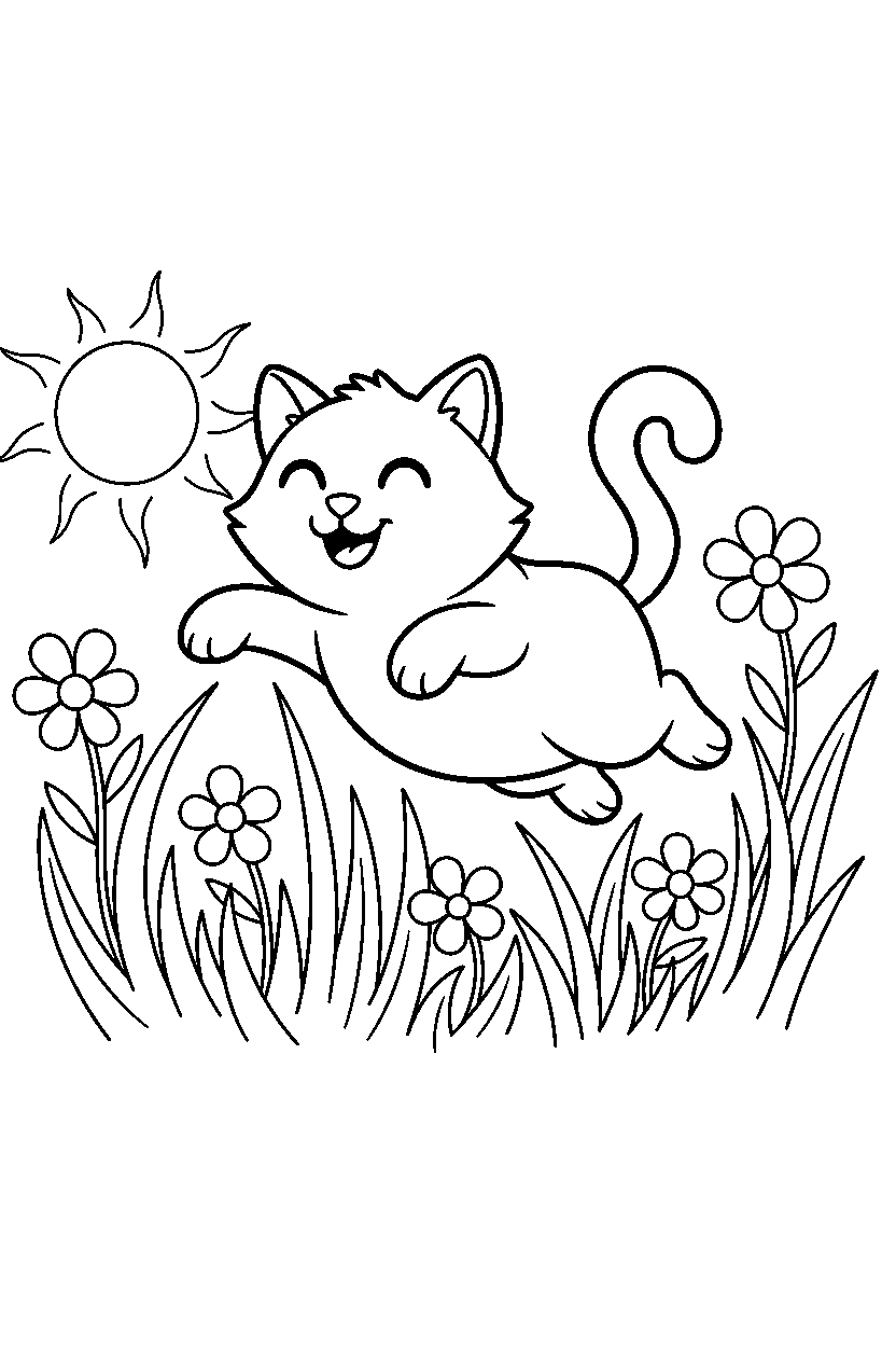 cat jumping playfully in tall grass line art
