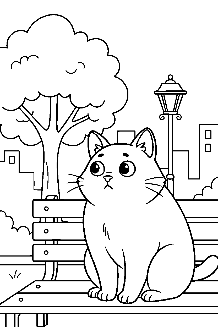 cat listening carefully in a city park line art