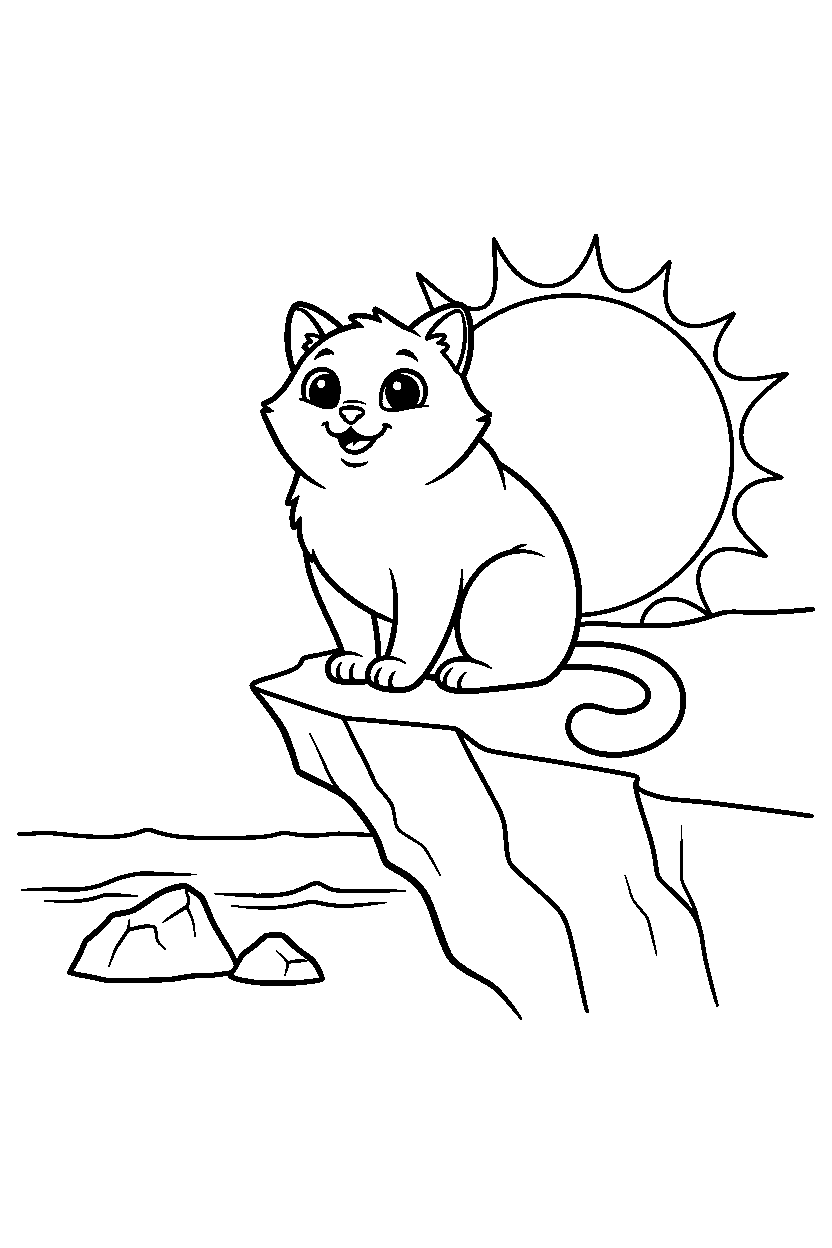 cat looking happy on a cliffside line art