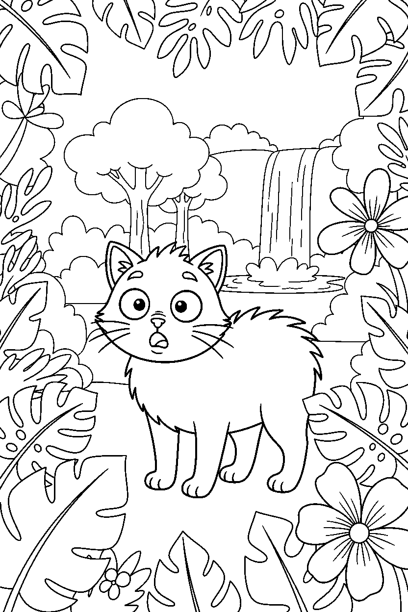 cat looking surprised in a jungle clearing line art