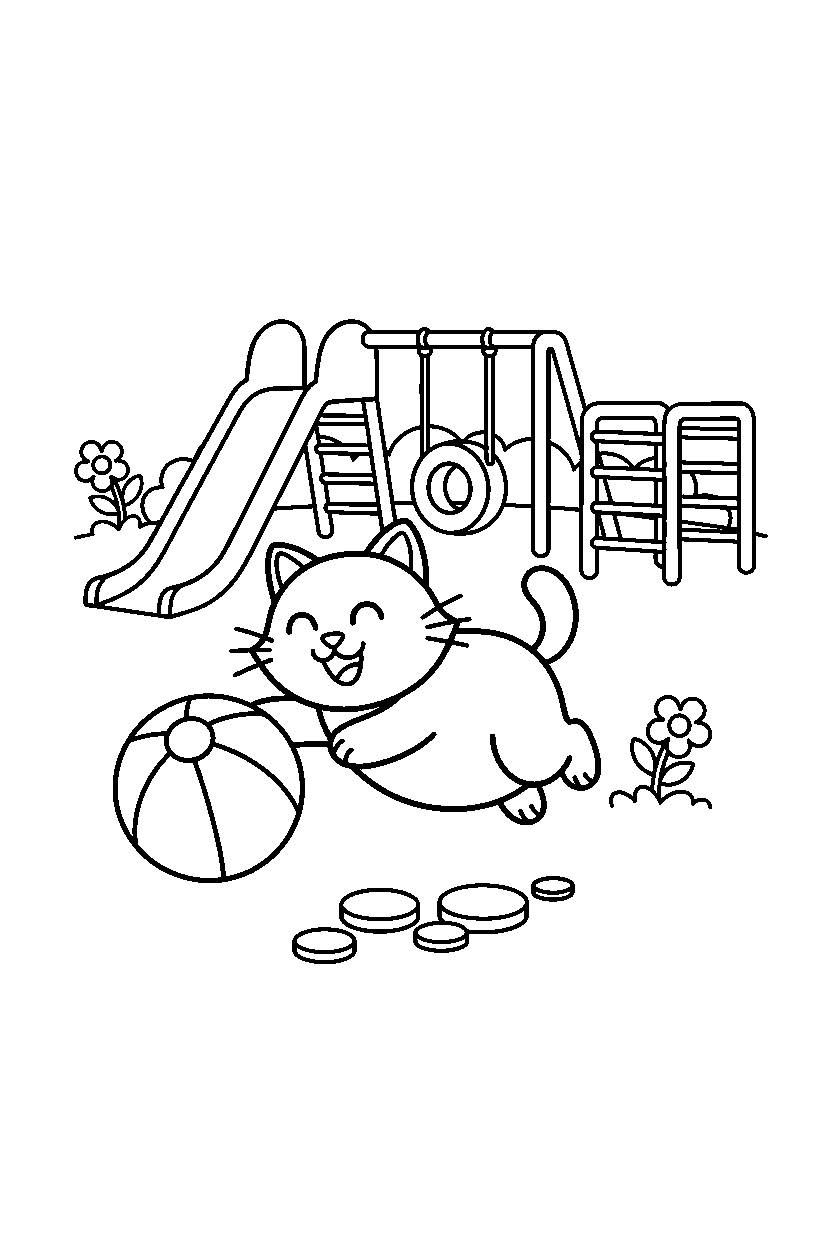 cat playing happily in a playground line art
