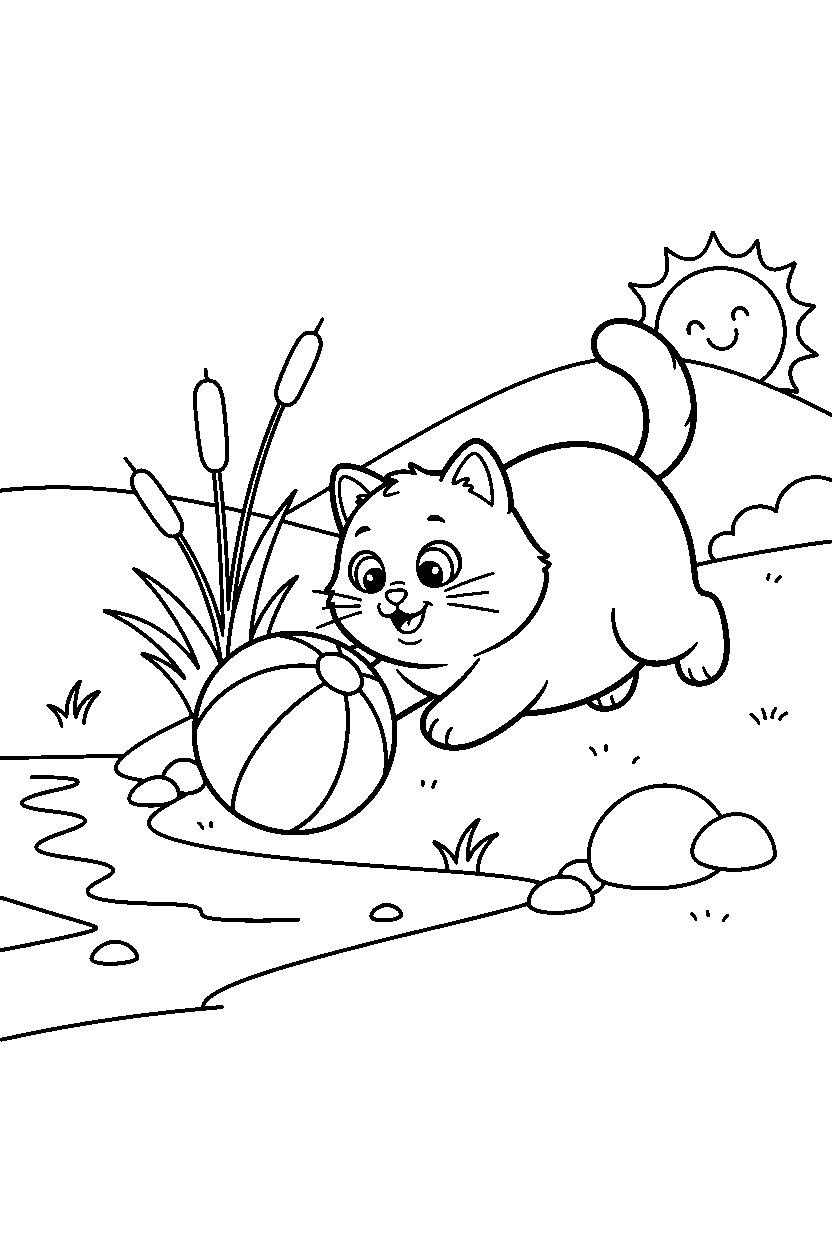 cat playing with a ball on a river bank line art