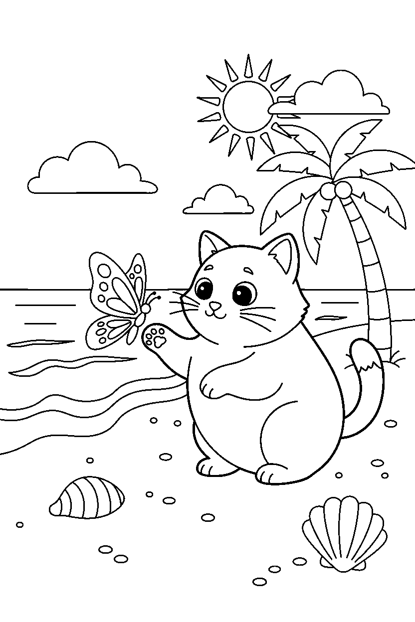 cat playing with a butterfly on an ocean beach line art