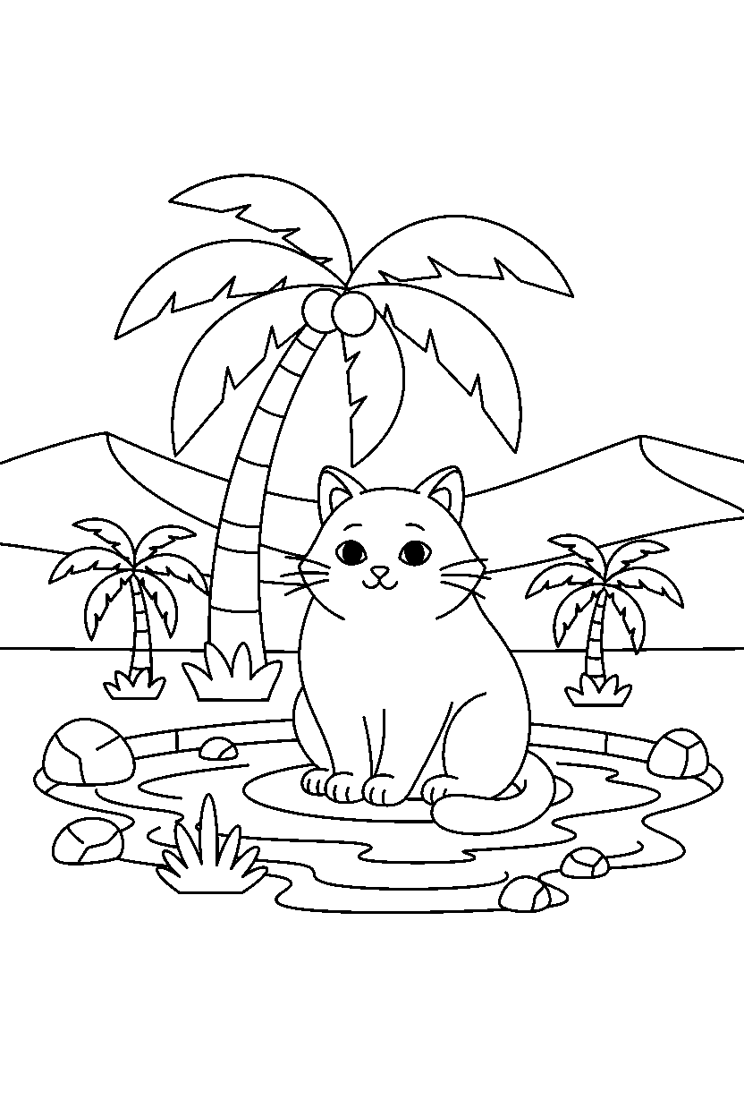 cat sitting calmly in an oasis line art