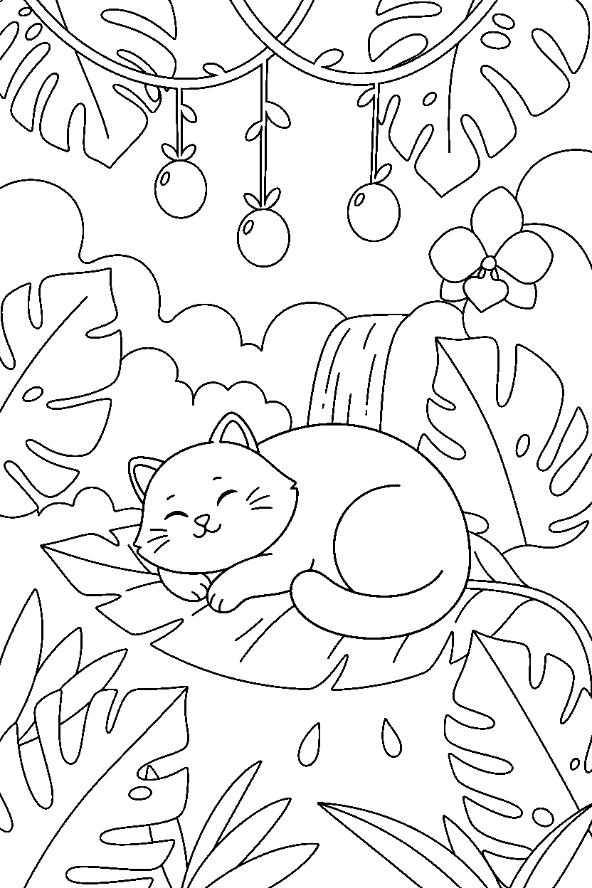 cat sleeping in the rainforest line art
