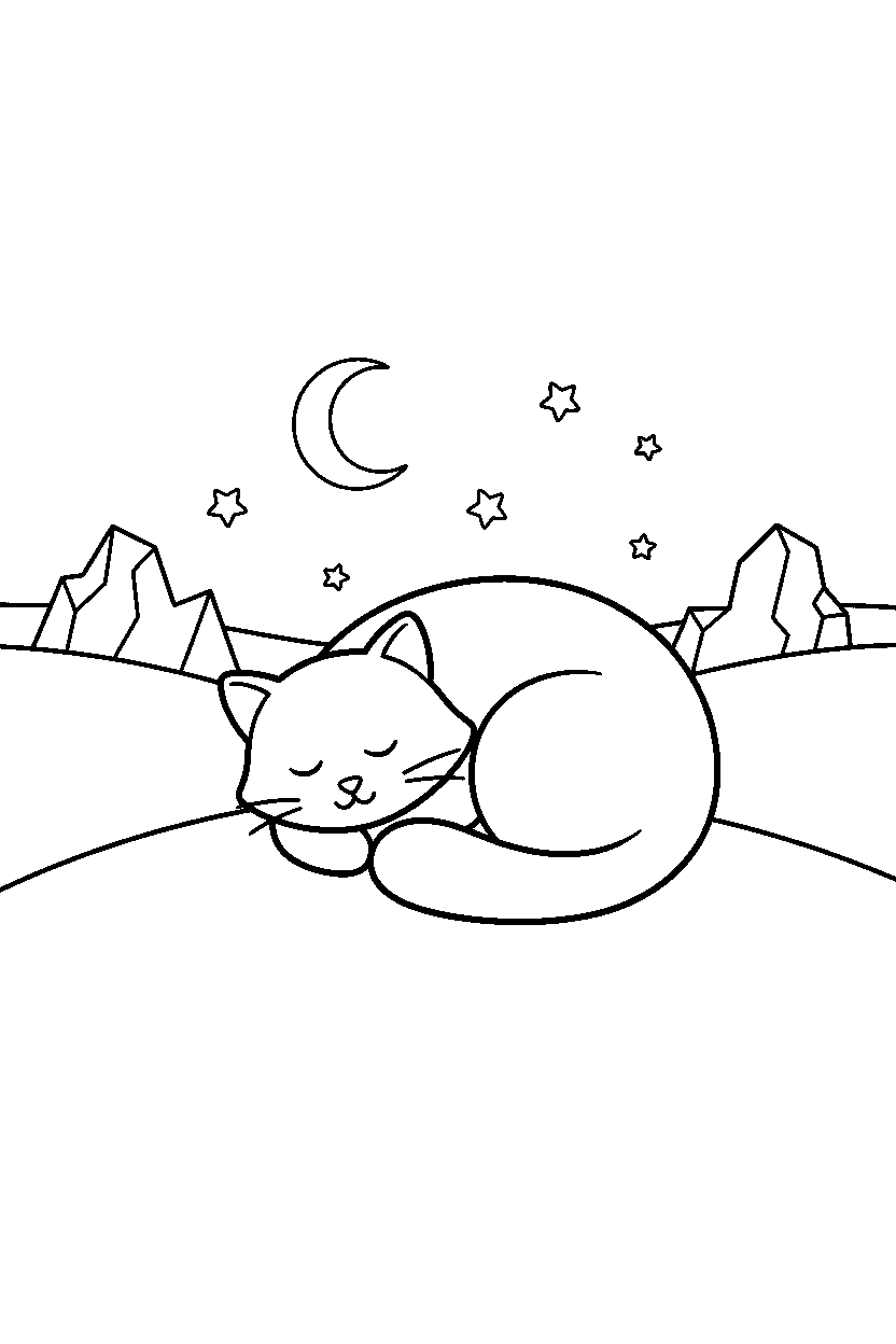cat sleeping peacefully in a polar landscape line art