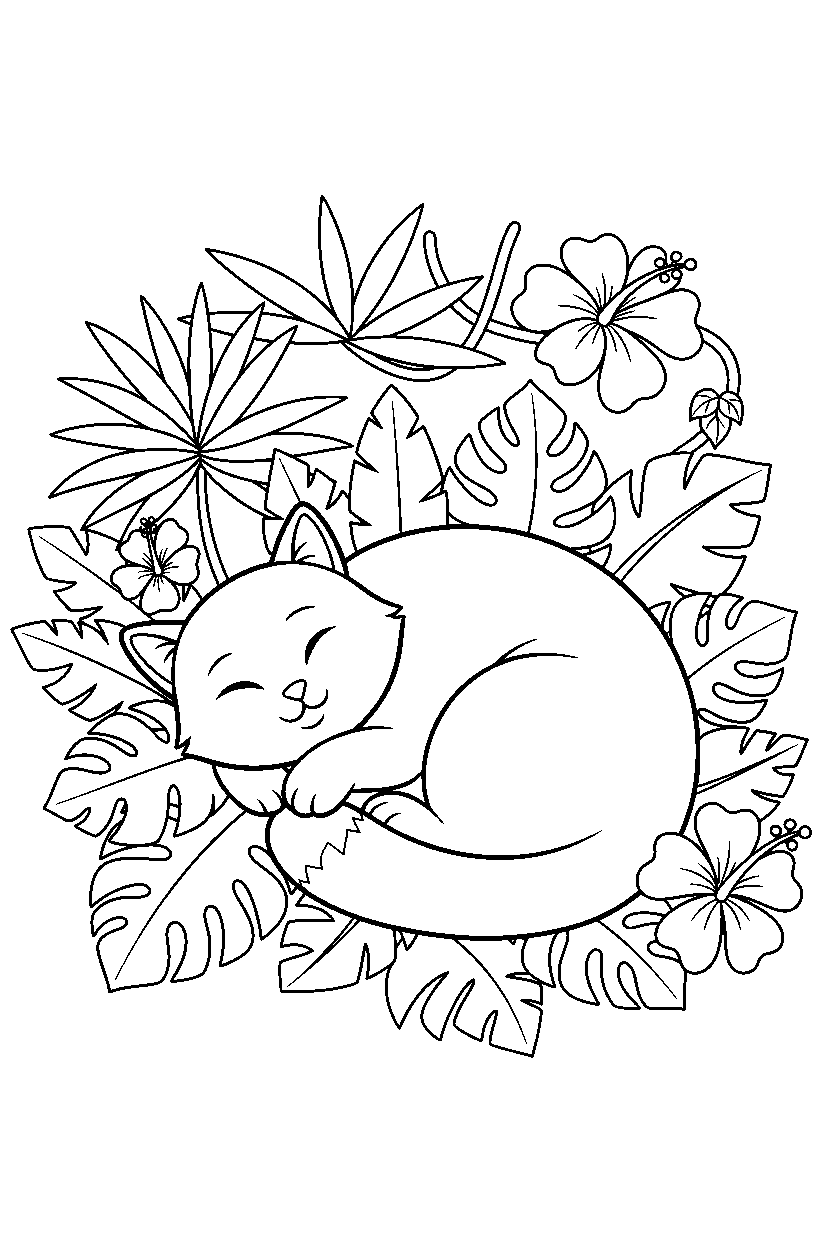 cat sleeping peacefully in the jungle line art