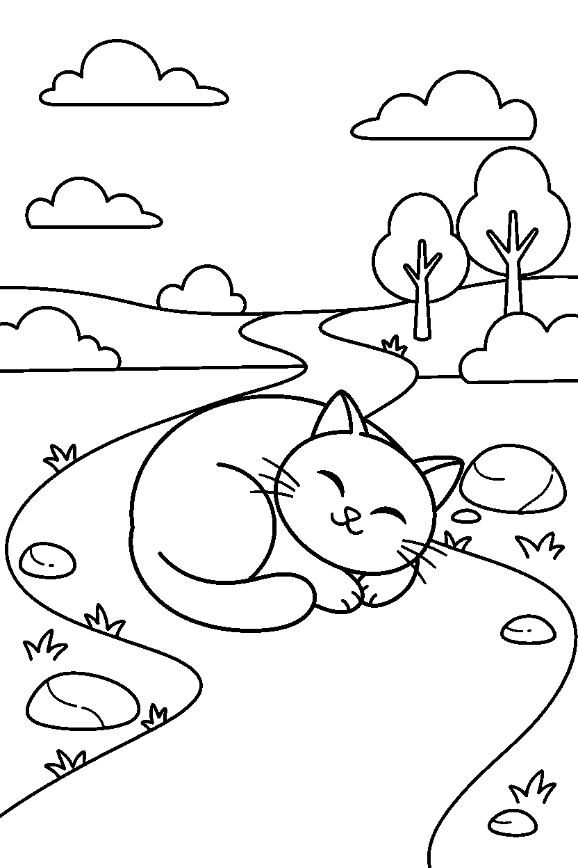 cat sleeping peacefully on a dirt path line art