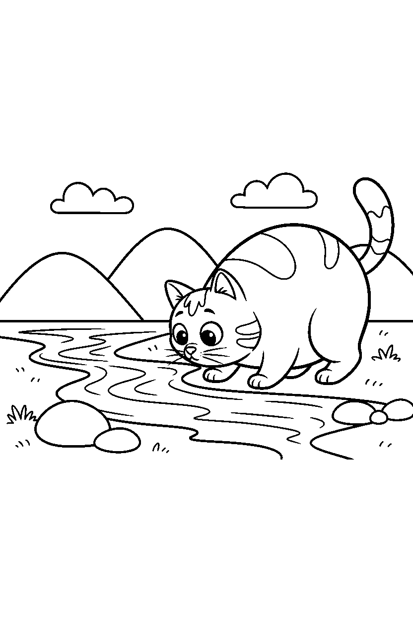 cat sniffing curiously near a river line art
