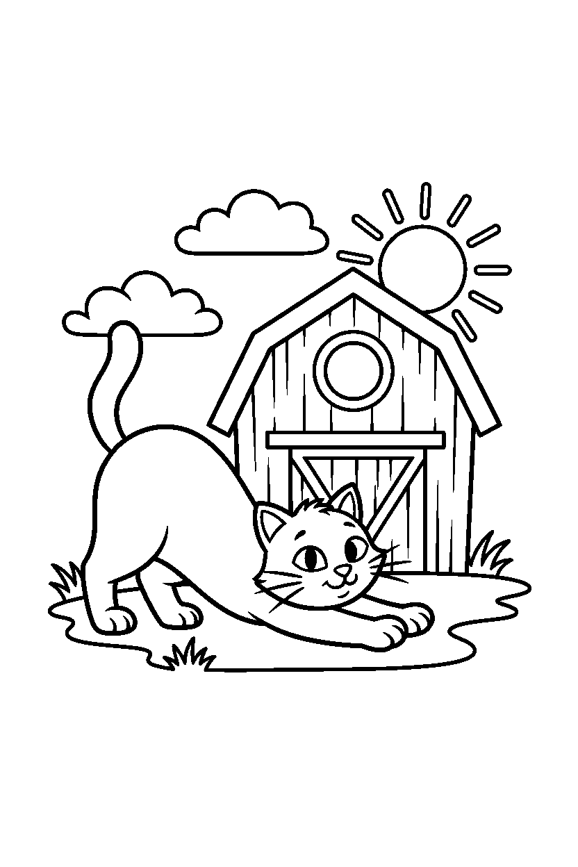cat stretching playfully near a barn line art