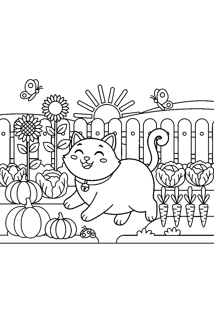 cat walking happily in a vegetable garden line art