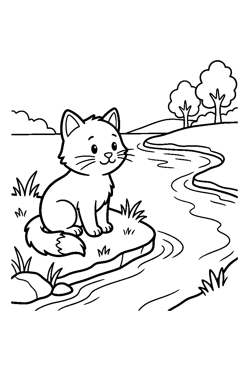 cat watching by river line art