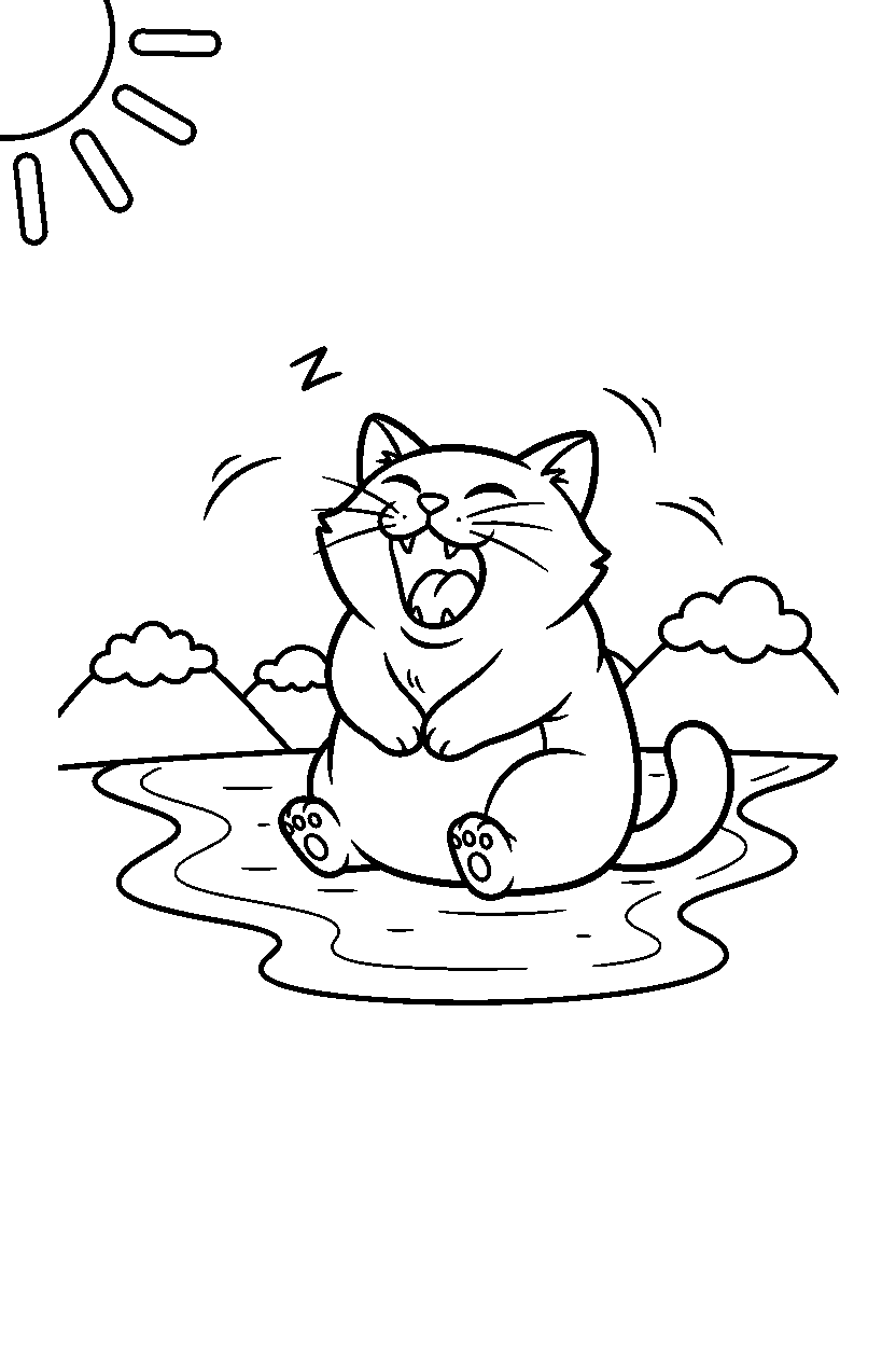 cat yawning sleepily on a lake shore line art