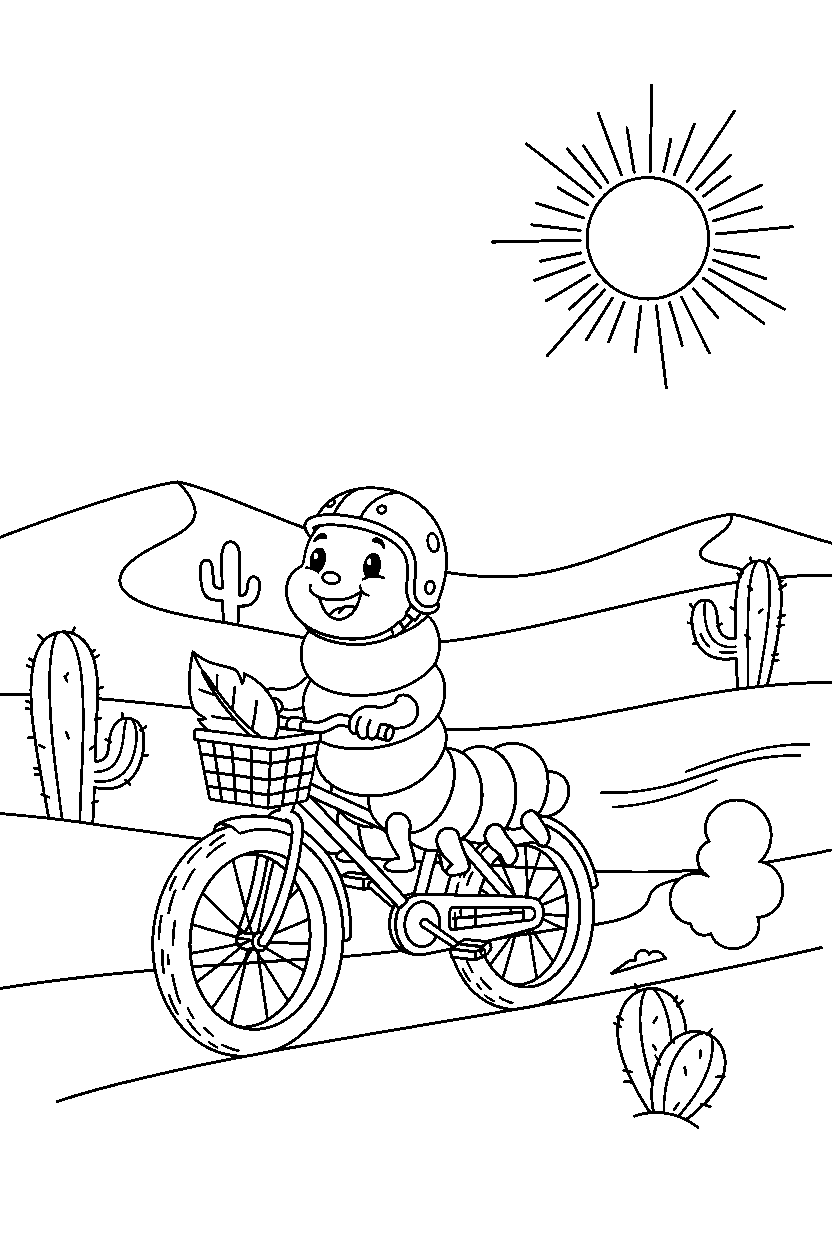 caterpillar riding a bicycle in a desert line art
