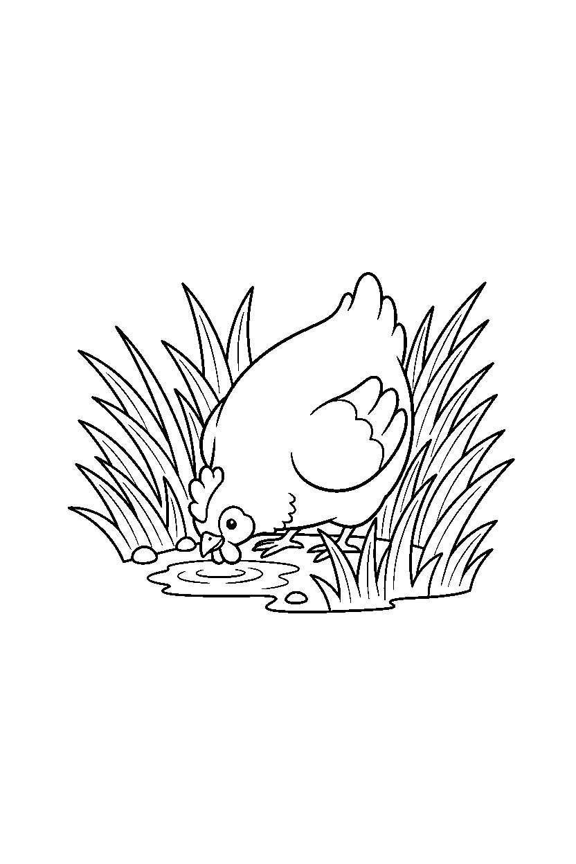 chicken drinking water in tall grass line art