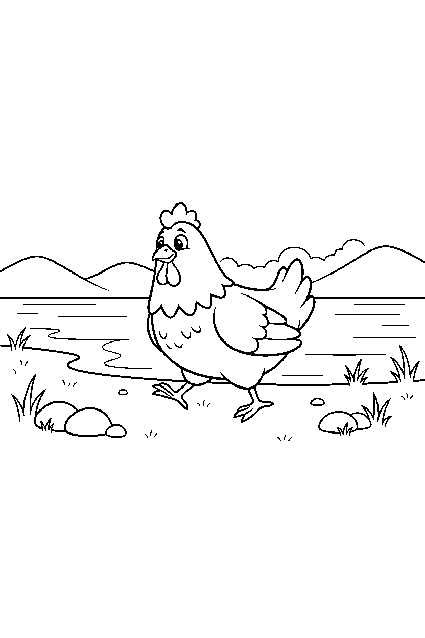 chicken exploring on a lake shore line art