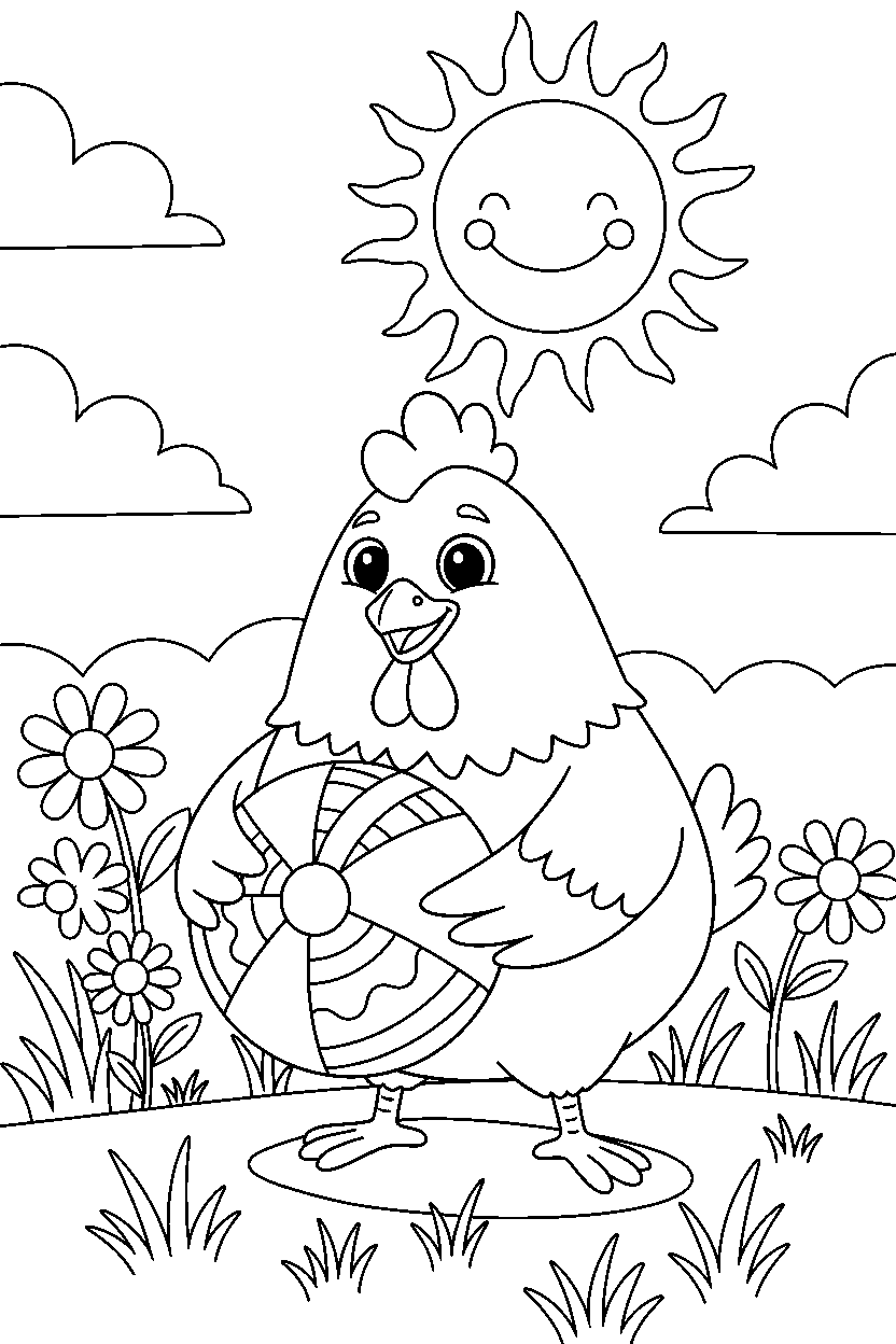 chicken holding a ball in a sunny meadow line art