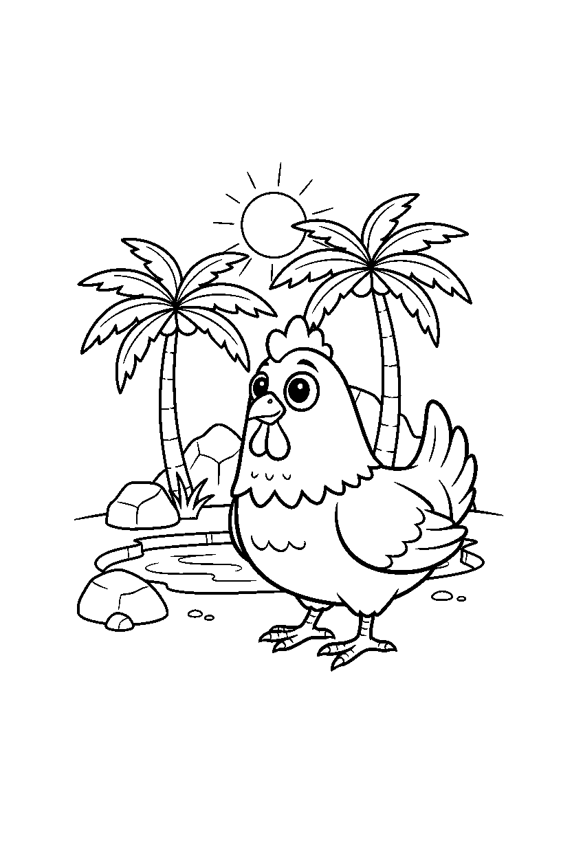 chicken looking curious in an oasis line art