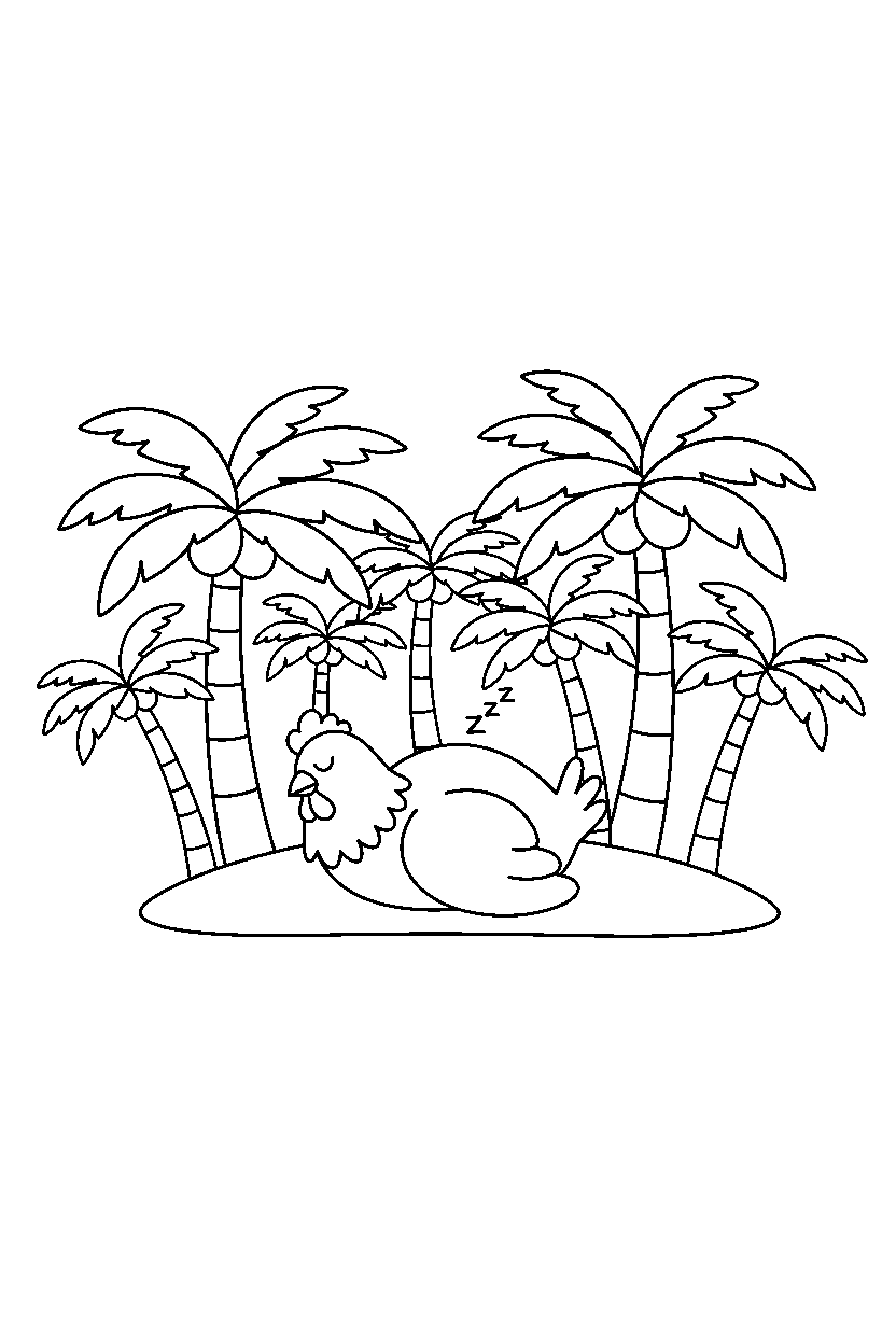 chicken napping calmly in a palm forest line art