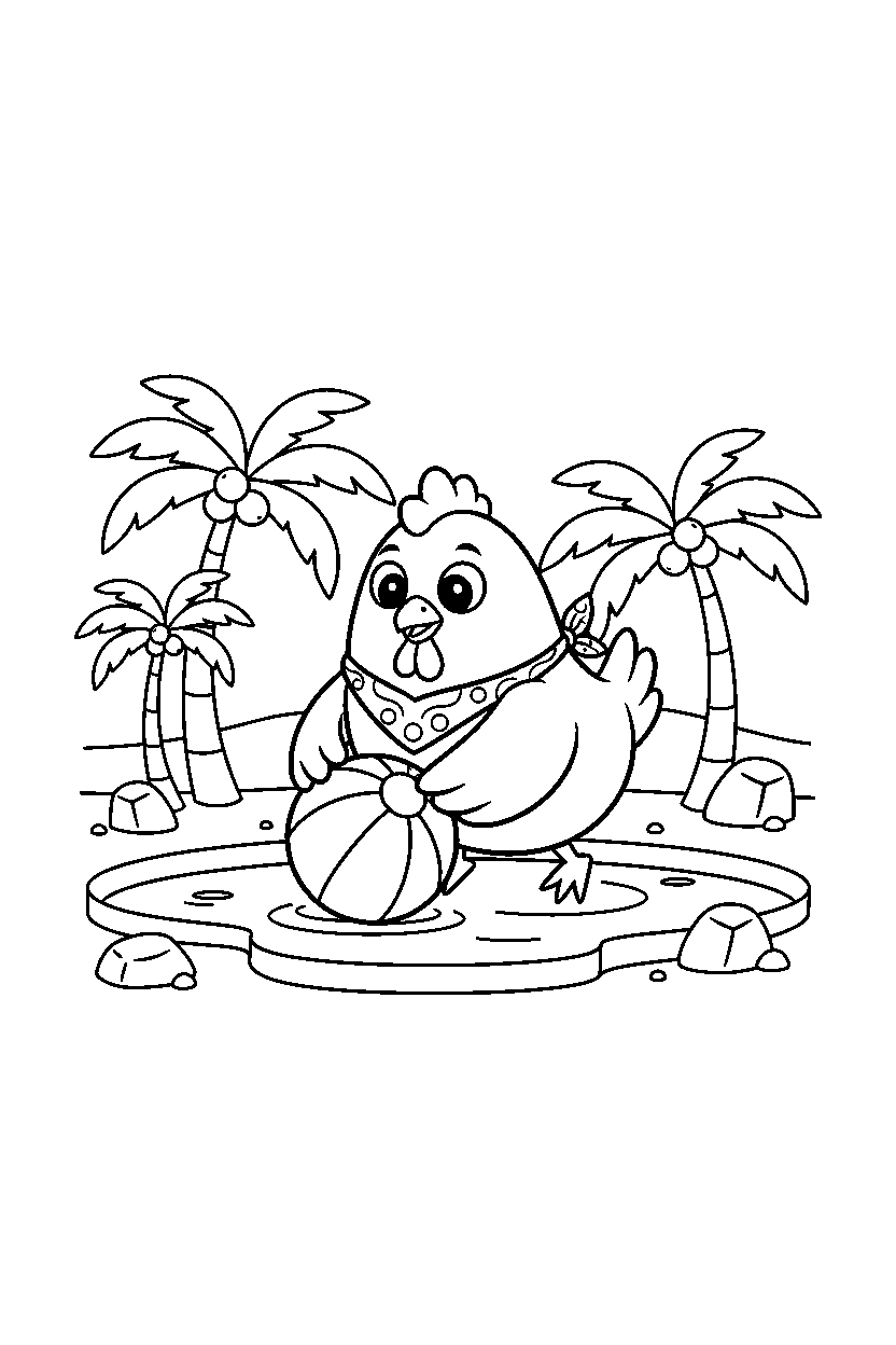 chicken rolling a ball in an oasis line art