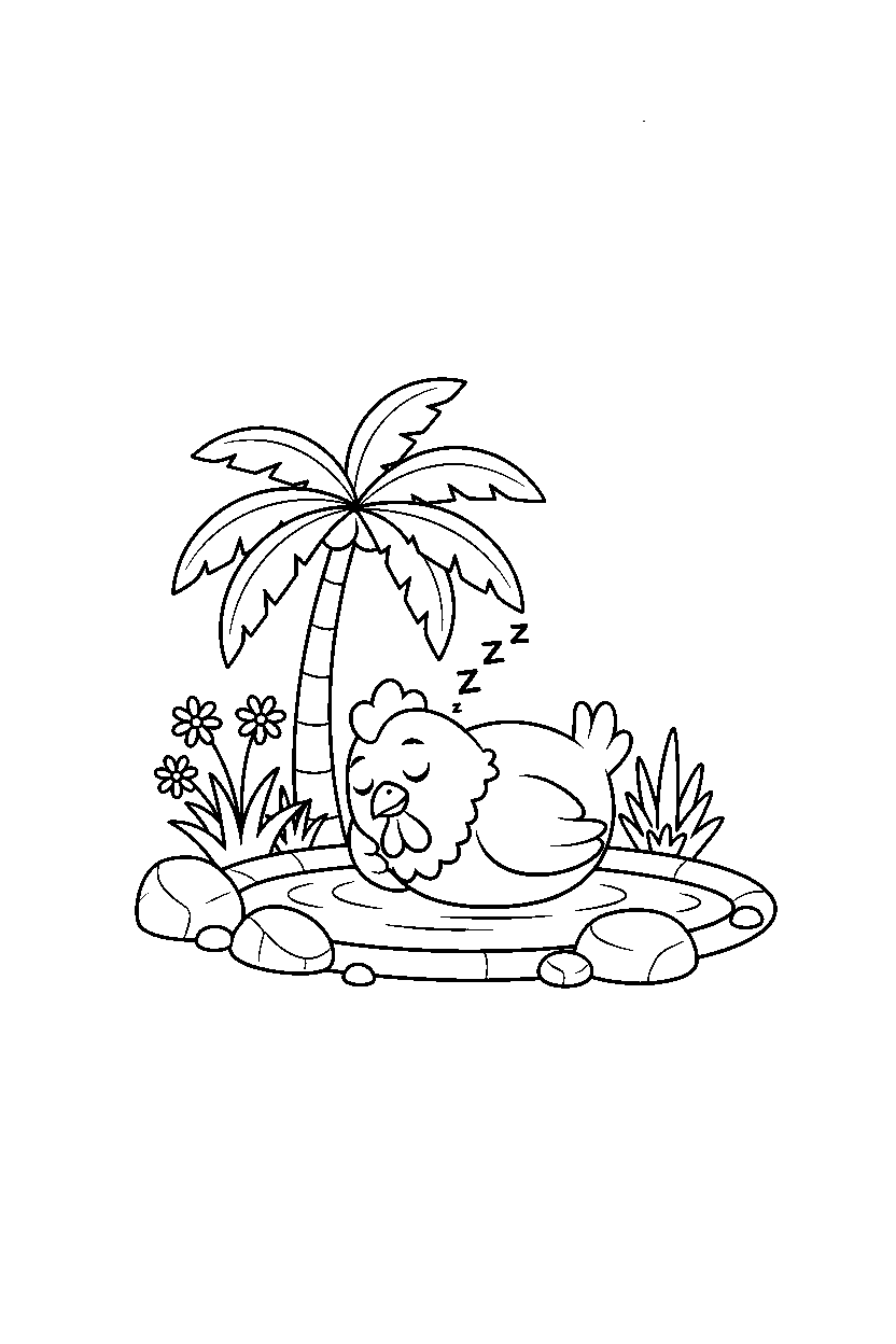 chicken sleeping peacefully in an oasis line art