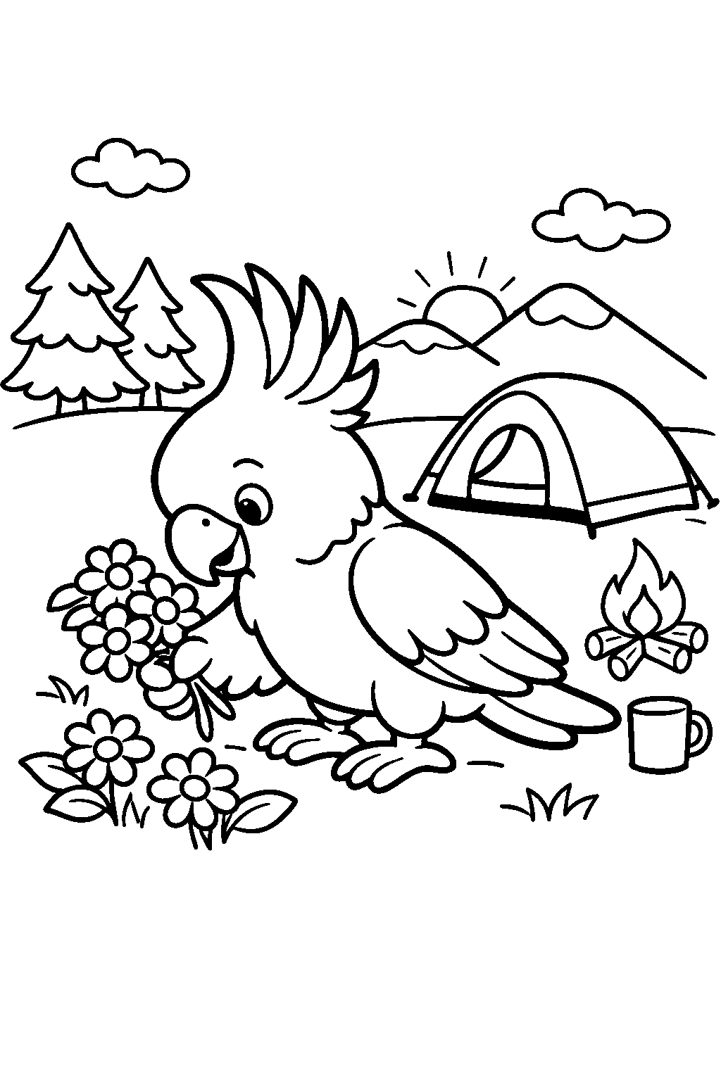 cockatoo picking flowers at a campground line art