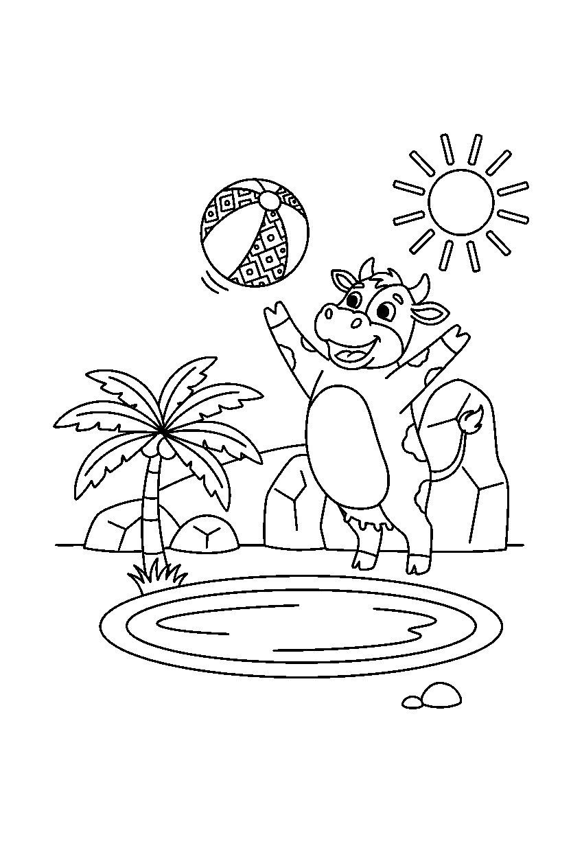 cow catching a ball in an oasis line art