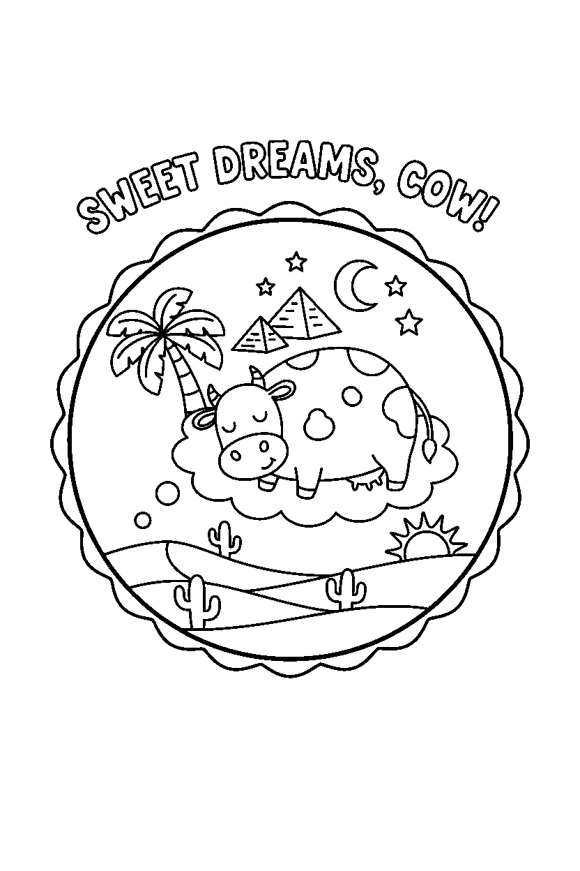 cow dreaming in a desert line art