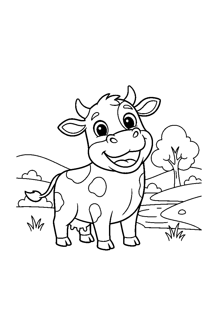 cow looking happy in a nature reserve line art