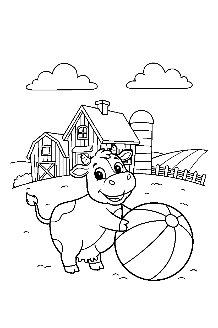 cow rolling a ball near a farmhouse line art