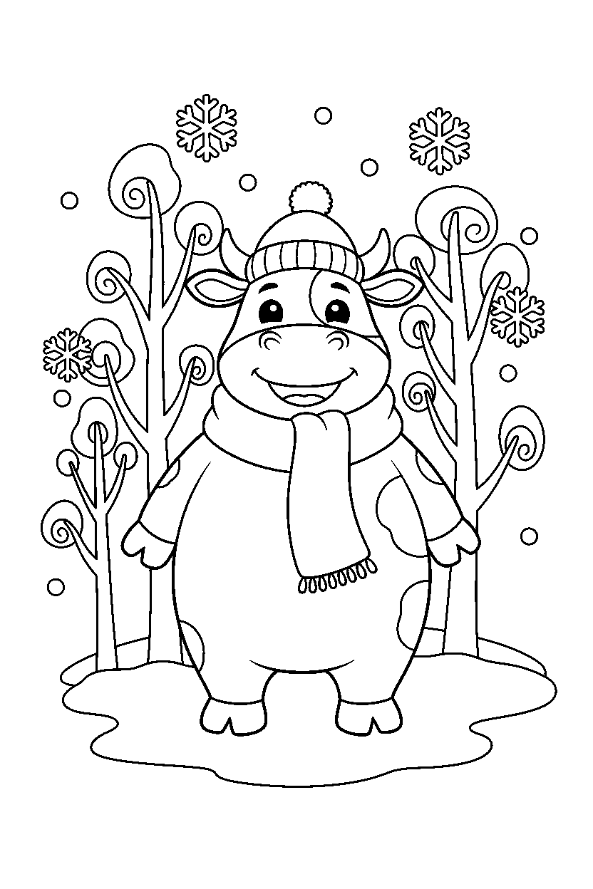 cow standing happily in a winter forest line art