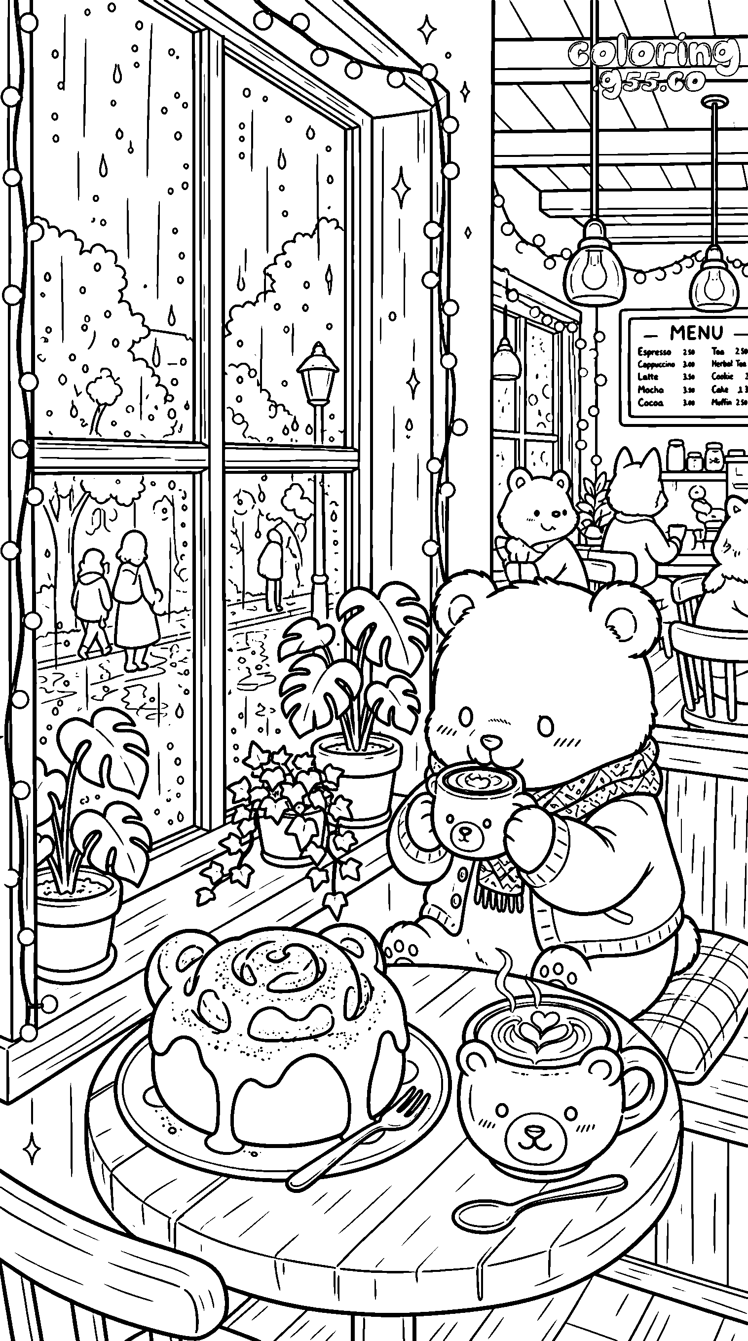 cozy bear in rainy cafe line art