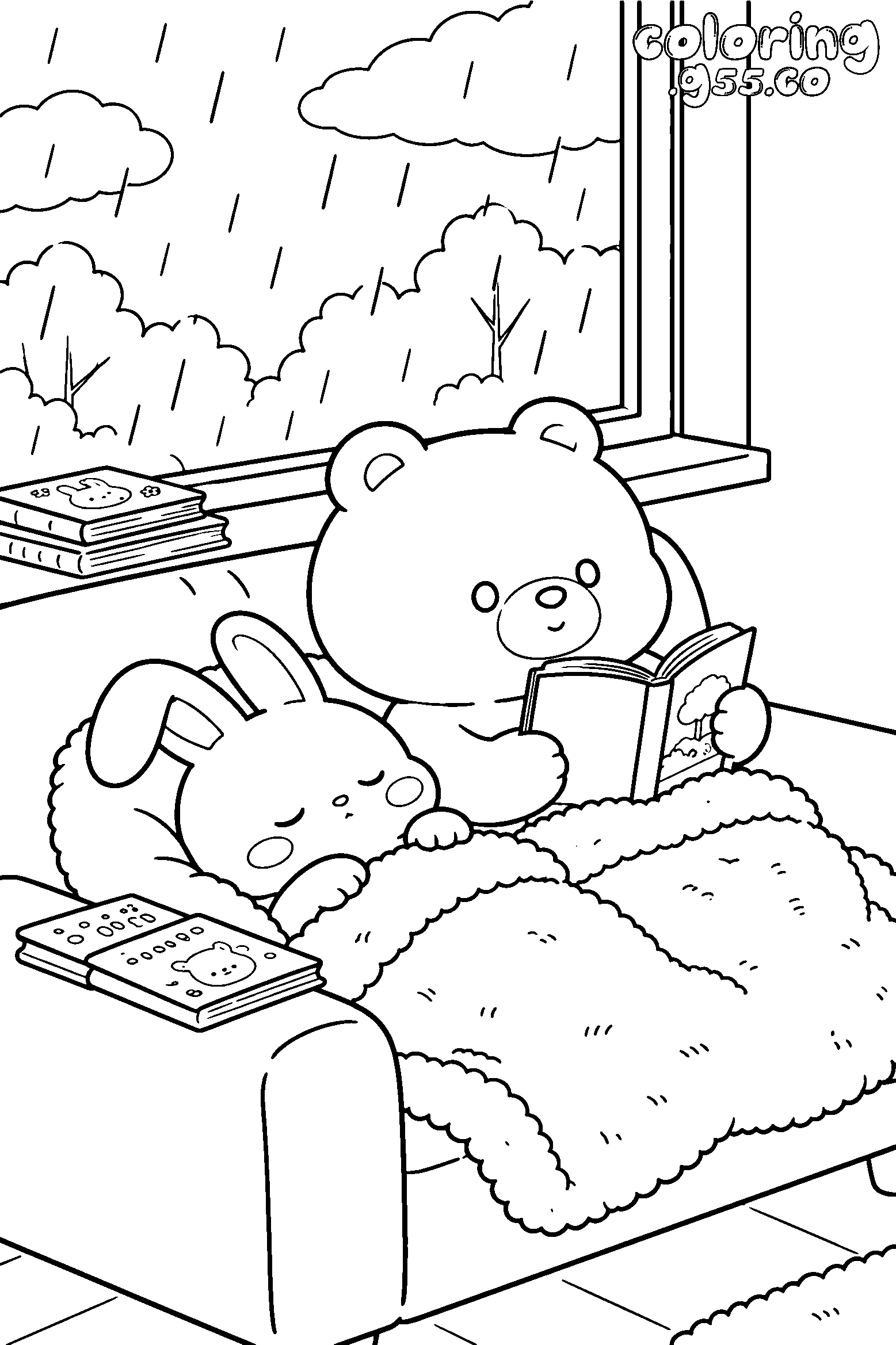 cozy rainy day bear and bunny line art