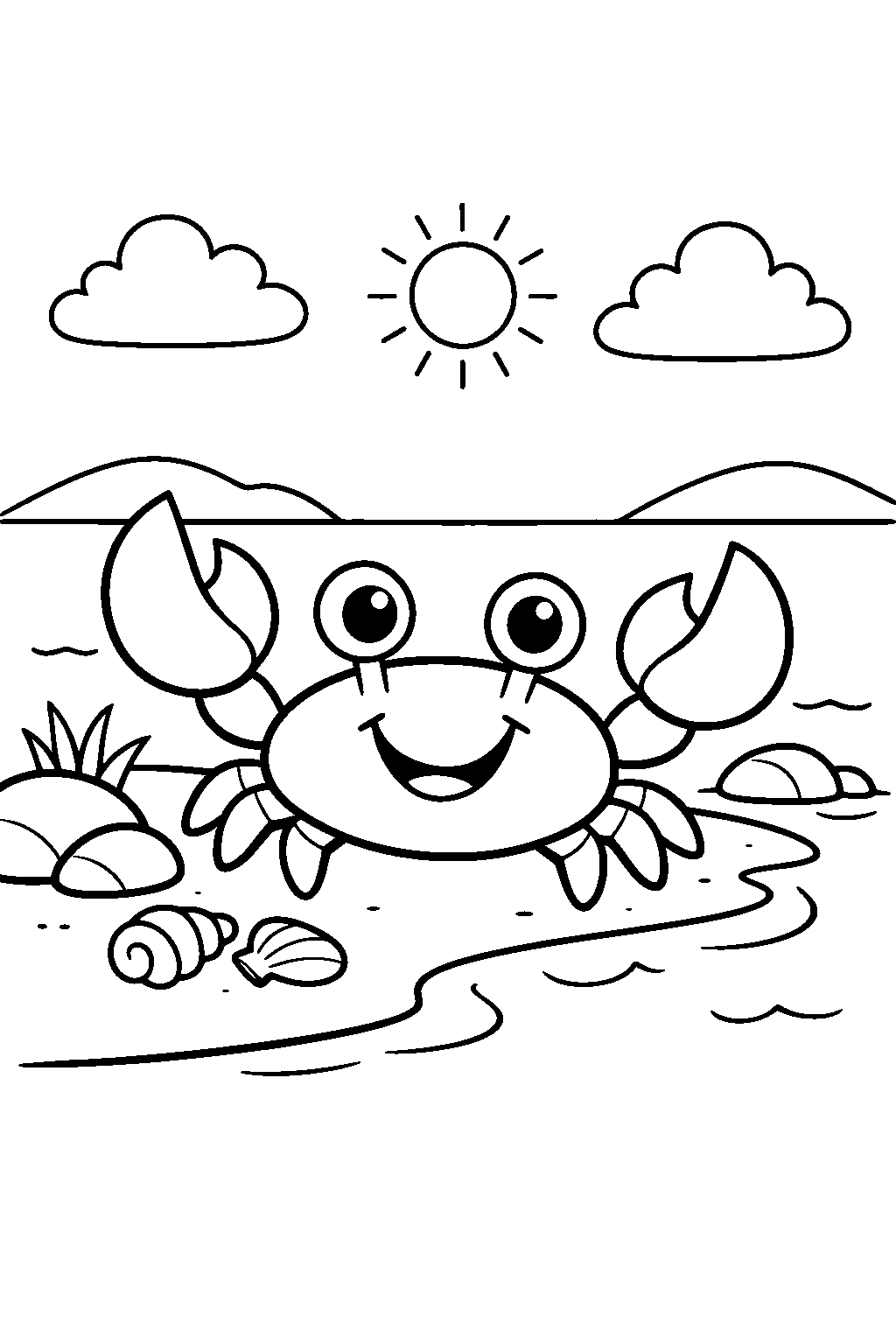 crab smiling on a lake shore line art