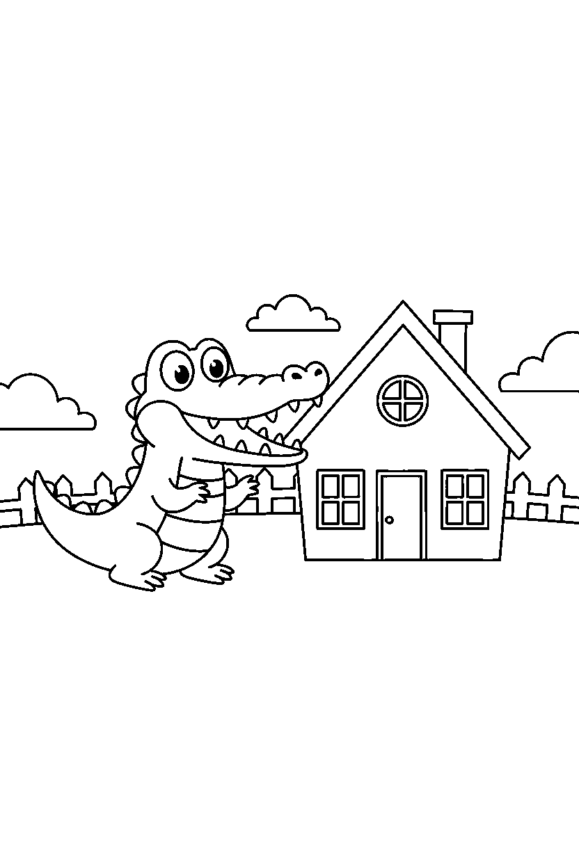 crocodile looking surprised near a farmhouse line art