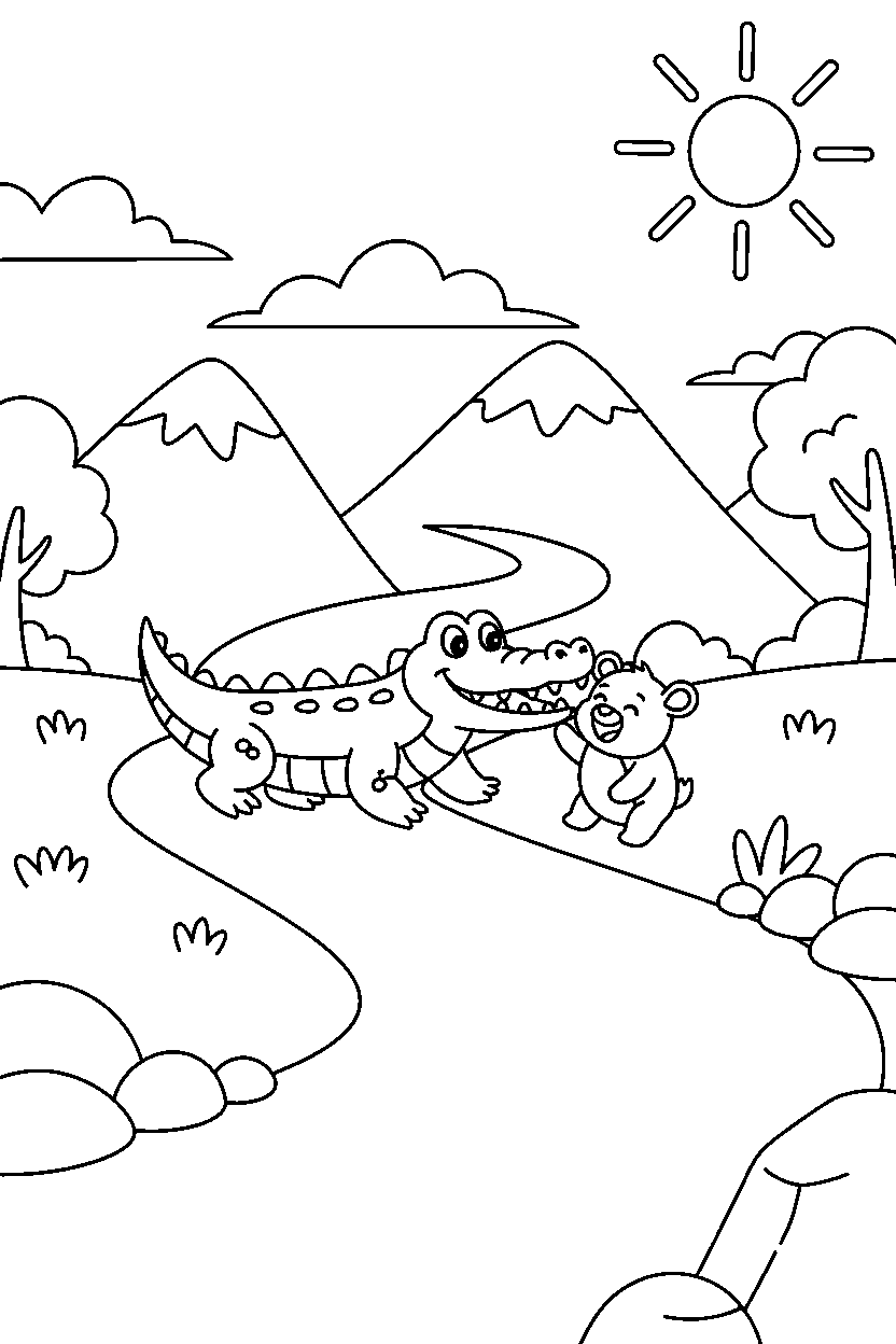 crocodile playing with a baby animal on a mountain trail line art